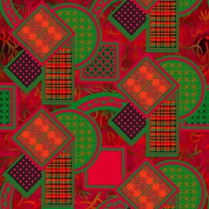 Euphoric Spring  appliqué geometric on tree branch background half drop Red, pink and green hues Christmas time