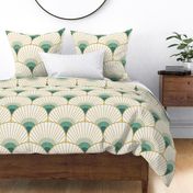 Art Deco Peacock Feather Fan Scallop gold teal 12in XL wallpaper scale by Pippa Shaw