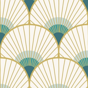 Art Deco Peacock Feather Fan Scallop gold teal 12in XL wallpaper scale by Pippa Shaw