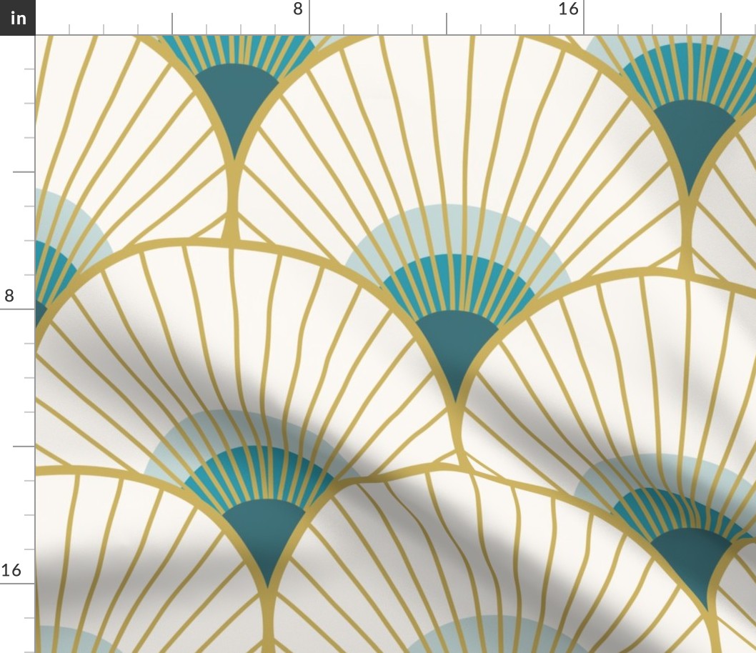 Art Deco Peacock Feather Fan Scallop gold teal 12in XL wallpaper scale by Pippa Shaw