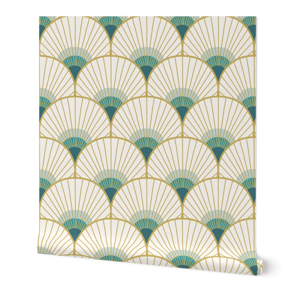 Art Deco Peacock Feather Fan Scallop gold teal 8in wallpaper scale by Pippa Shaw