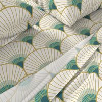 Art Deco Peacock Feather Fan Scallop gold teal 8in wallpaper scale by Pippa Shaw