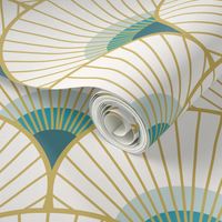 Art Deco Peacock Feather Fan Scallop gold teal 8in wallpaper scale by Pippa Shaw