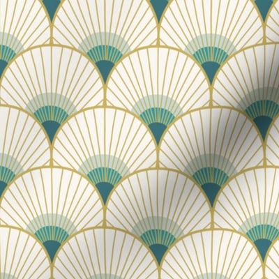 Art Deco Peacock Feather Fan Scallop gold teal 3in scale by Pippa Shaw