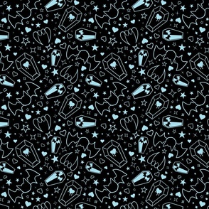 Ditzy Pastel Goth Vampire Motifs in Fangtastic Bright Cyan on Black (With Extra Sparkles!)