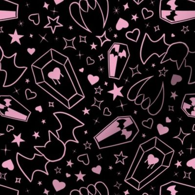 Ditzy Pastel Goth Vampire Motifs in Fangtastic Classic Pink on Black (With Extra Sparkles!)
