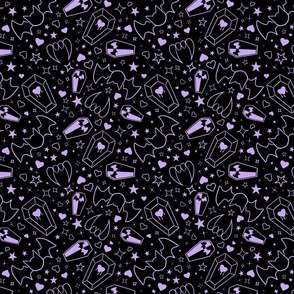 Ditzy Pastel Goth Vampire Motifs in Fangtastic Candy Purple on Black (With Extra Sparkles!)