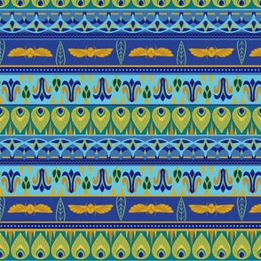 Egyptian Mummy Inspired Stripes with Scarab Beetles and Flowers in Blue, Green, and Gold