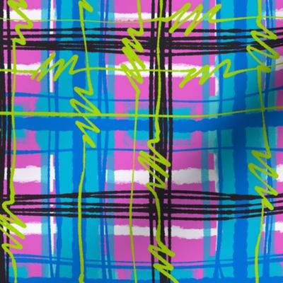 Transgender Pride Electric Punk Plaid Tartan Stripes in Pink, White, Blue, and Black, with Neon Green Bolts