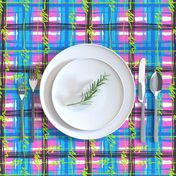 Transgender Pride Electric Punk Plaid Tartan Stripes in Pink, White, Blue, and Black, with Neon Green Bolts