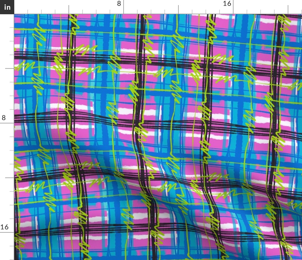 Transgender Pride Electric Punk Plaid Tartan Stripes in Pink, White, Blue, and Black, with Neon Green Bolts