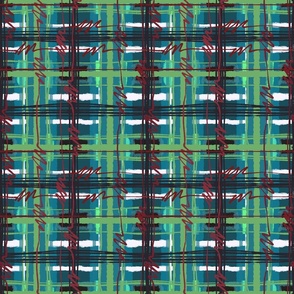 Dark Academia Electric Punk Plaid Tartan in Green, Teal, White, and Black with Red Bolts