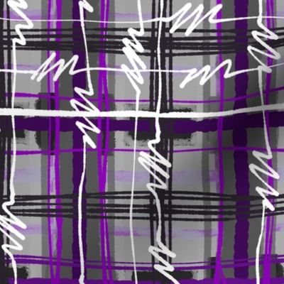 Asexual Pride Electric Punk Plaid Tartan Stripes in Purple, Grey, Black, and White