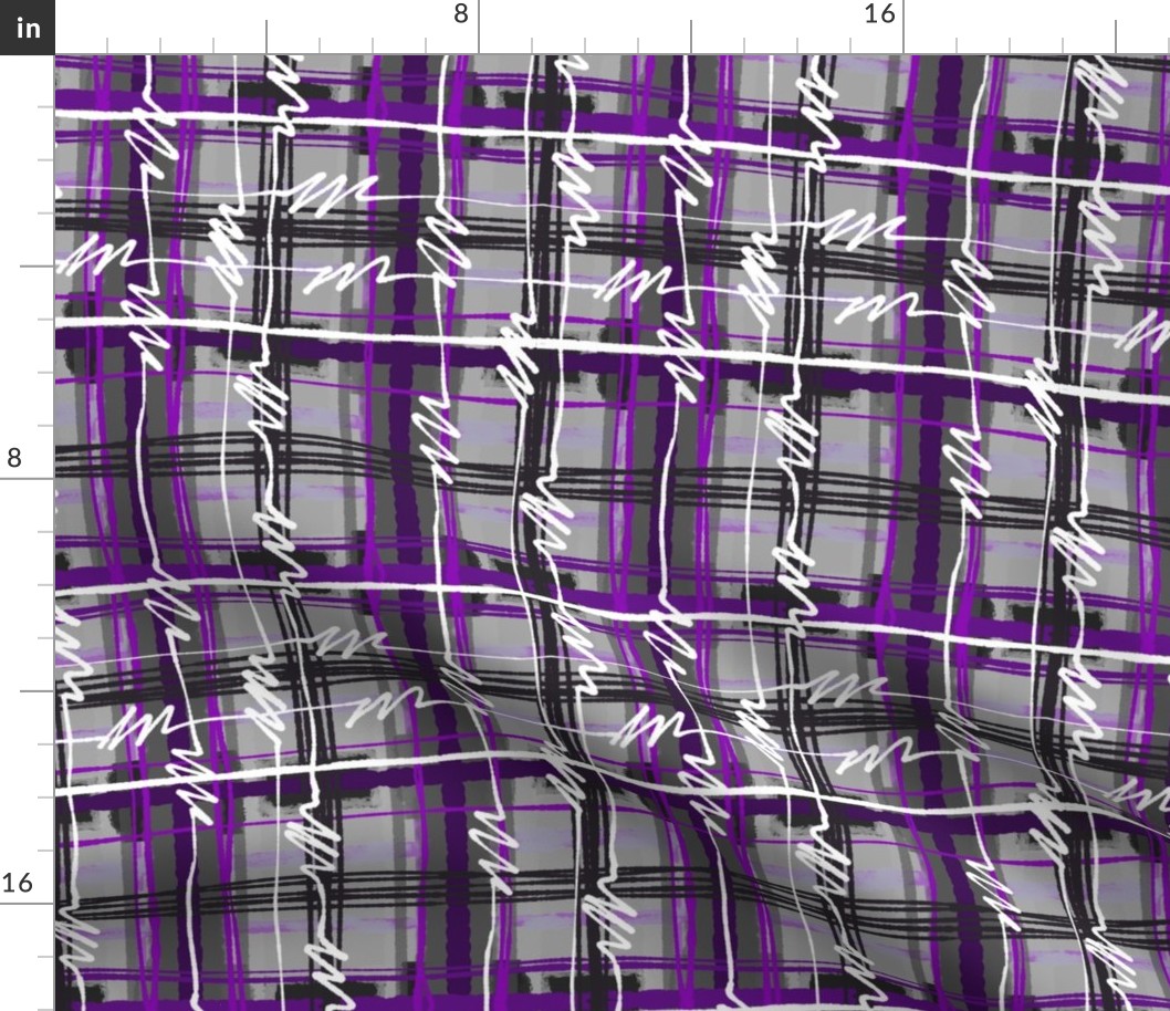 Asexual Pride Electric Punk Plaid Tartan Stripes in Purple, Grey, Black, and White