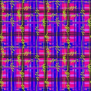 Bisexual Pride Electric Punk Plaid Tartan Stripes in Purple, Pink, Blue, and Black with Neon Green Bolts
