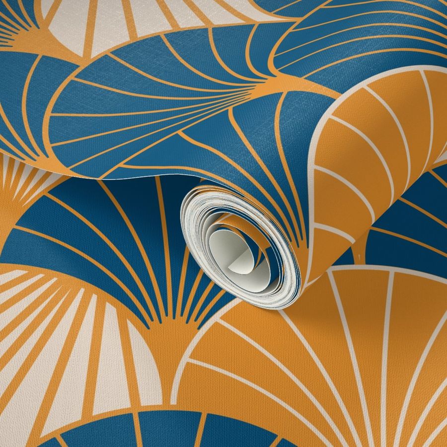 Blue Art Deco Sun Rays Ornament Wallpaper | Spoonflower