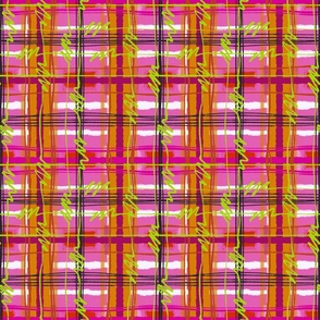 Lesbian Pride Electric Punk Plaid Tartan Stripes in Orange, Pink, White, and Black with Neon Green Bolts