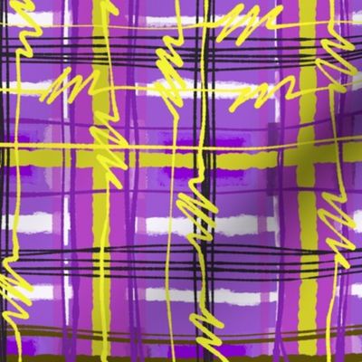 Nonbinary Pride Electric Punk Plaid Tartan Stripes in Purple, Gold, Yellow, Black, and White