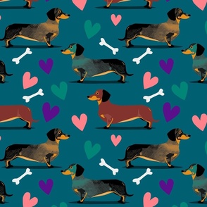 Dachshund love fabric teal