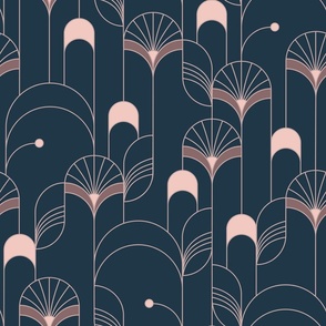 Elegant 1920s Art Deco arches and fans. Dark indigo and blush tones