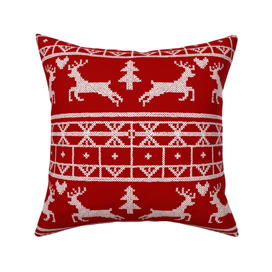 Red Fair Isle Traditional Christmas Pattern With Reindeer And Pine Trees 