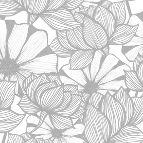 Modern monochrome water lily.  Large scale Grey floral.