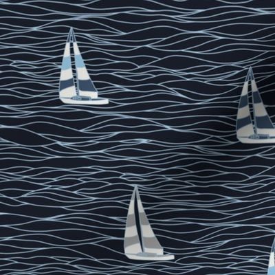 Sailing Away, Blue Wavy Ocean and Boat Design