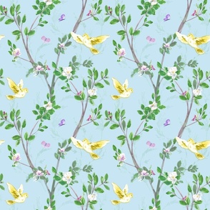 Spring Chinoiserie Blue,  SMALL, Spring Fabric,  Bird Wallpaper, Songbirds