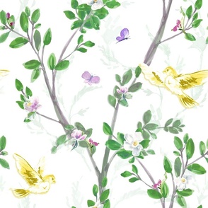 Spring Chinoiserie White Fabric, Bird Chinoiserie Wallpaper, Large Scale