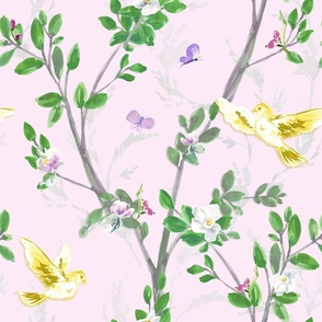 Watercolor Chinoiserie Pink with Butterflies Wallpaper, LARGE, girls room