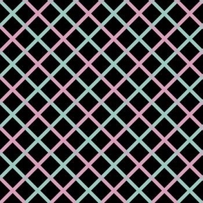 Cutie Pawtootie - Diagonal Plaid Pink and Teal on Black