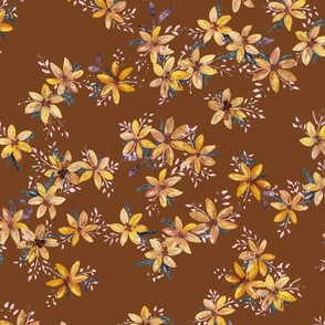 Hand Painted Ochre Flowers With Teal And Purple Flowers Tan Brown Large