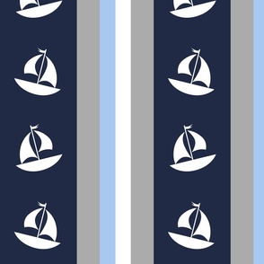 Nautical Stripes Navy Blue Gray White Sailboats