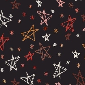 038 - Large scale scribble doodle stars Starry night warm tangerine, mustard, pink and camel on charcoal for cute modern Christmas sewing crafts, kids apparel, mystical decor 