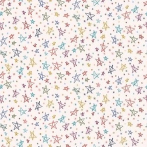 038 - $ Ditsy  Scale multicoloured doodle scribble celestial Stars Sprinkled in the pale amber dawn, featuring turquoise, olive green, orange, red and blue - for patchwork, quilting, kids apparel, nursery decor mod Christmas 