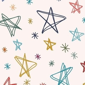 038 - Jumbo Scale multicoloured doodle scribble celestial Stars Sprinkled in the pale amber dawn, featuring turquoise, olive green, orange, red and blue - for patchwork, quilting, kids apparel, nursery decor, mod Christmas 