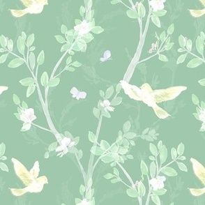 Chinoiserie Sage Green Watercolor,  Chinoiserie Fabric in Green,  SMALL