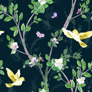 Spring Chinoiserie Dark Floral, Dark Blue Bird Wallpaper, LARGE