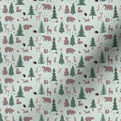 Woodland Scene with Animals - Ditsy Scale - Green Background Deer Bears Trees Nursery Baby Kids