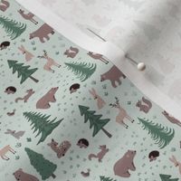 Woodland Scene with Animals - Ditsy Scale - Green Background Deer Bears Trees Nursery Baby Kids