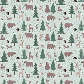 Woodland Scene with Animals - Ditsy Scale - Green Background Deer Bears Trees Nursery Baby Kids