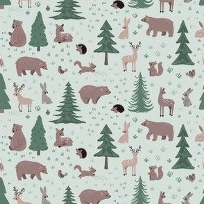 Woodland Scene with Animals - Small Scale - Green Background Deer Bears Trees Nursery Baby Kids