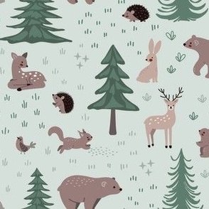 Woodland Scene with Animals - Medium Scale - Green Background Deer Bears Trees Nursery Baby Kids