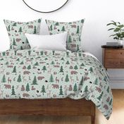 Woodland Scene with Animals - Large Scale - Green Background Deer Bears Trees Nursery Baby Kids