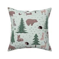 Woodland Scene with Animals - Large Scale - Green Background Deer Bears Trees Nursery Baby Kids