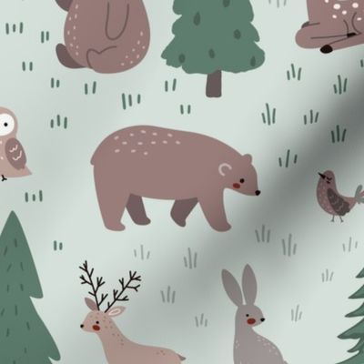 Woodland Scene with Animals - Large Scale - Green Background Deer Bears Trees Nursery Baby Kids