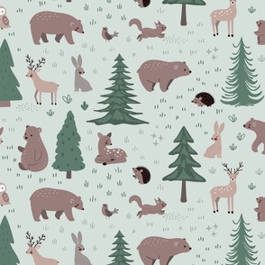 Woodland Scene with Animals - Large Scale - Green Background Deer Bears Trees Nursery Baby Kids