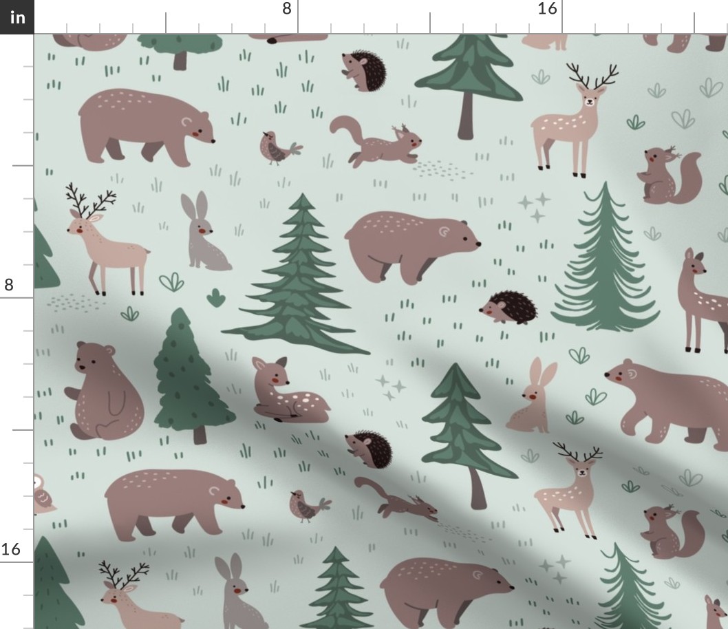 Woodland Scene with Animals - Large Scale - Green Background Deer Bears Trees Nursery Baby Kids