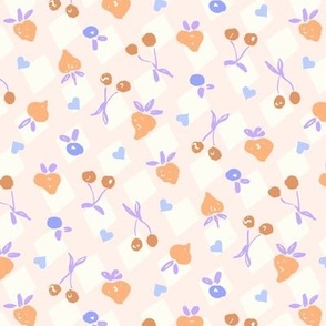 Fruity ditsy cherry strawberry hearts diamond check peach orange brown blue purple by Jac Slade