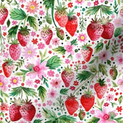 Strawberries and Flowers Painted in Loose Watercolor (Ditsy)